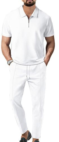 BERCIELY Freizeitset Herren Trend Lose 2 Stück Shirt Set Kurzarm All-Match Temperament Mode Poloshirt Herren Das Neue Revers T-Shirts Kurze Hose Freizeitanzug C-White1 S