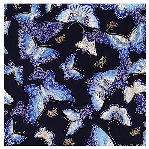 BrightGlow 200x150 cm Japanischer Stil Baumwollstoff Meterware Bunt Gedruckt Nähstoffe mit Blume Fächer Fliegender-Kran Tücher Baumwolltuch Kleiderstoff Quiltstoffe Marine-Schmetterling