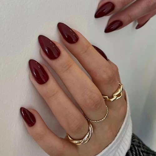 24 Stück Press On Nails Dunkle Rot - Almond Nägel zum Aufkleben Full Cover - Fake Nails Full Cover Kunstnägel mit Nagelkleber, Natürliche Künstliche Fingernägel für Frauen & Mädchen (Dunkle Rot)