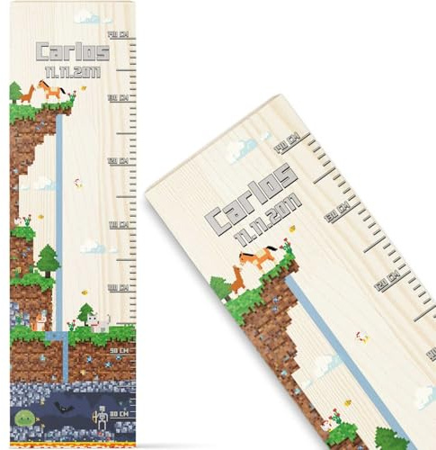 GRAVURZEILE Messlatte für Kinder aus Holz - Pixelerde - Personalisiert mit Namen für Kinderzimmer - Skala misst 80-140 cm - Größe 20 x 70 x 2 cm - Geschenk zur Geburt für Mädchen & Jungen