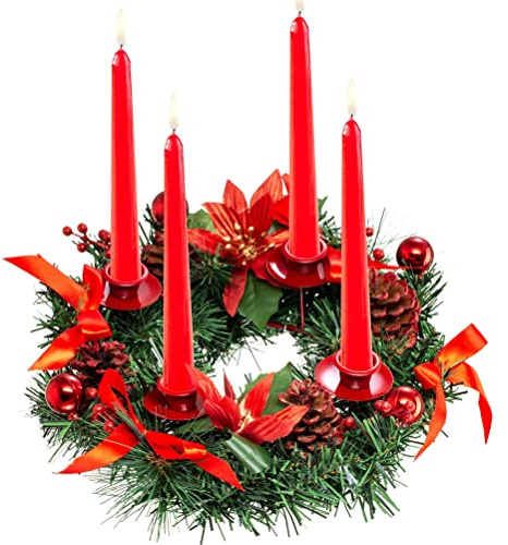 Beautiful Advent Wreath with Pine Cones, Red Balls, Fir Wreath, and Candlesticks, 33cm Diameter, Festive Christmas Arrangement for Home and Table Decor