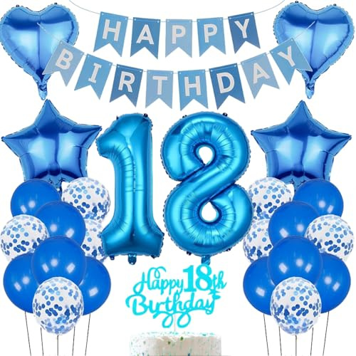 Anlgdi 18. Geburtstag Ballon-Set, Blau, 35 Stück, Geburtstagsdeko, Hochwertige Ballons, Metallischer Glanz, Umweltfreundlich, Konfetti, Unisex-Jugendliche