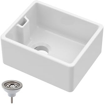 Balterley 460mm Belfast Kitchen Sink Single Bowl with Waste & Built-in Weir Overflow, Durable Belfast Fireclay White Ceramic Kitchen Sink Bowl, Reversible Farmhouse Sinks - 460 x 380 x 205mm (White)