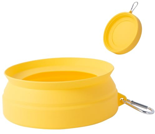 SLSON Cuencos para perros, para viajes, plegable, cuenco de viaje integrado, sin borde de plástico, a prueba de fugas, protección contra salpicaduras, para mascotas, coche, viaje e interior (amarillo)