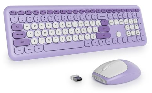 SbocKeeb Purple Keyboard and Mouse Wireless, Full-Size Cute Typewriter Silent Colorful Keyboard Mouse Combo 2.4G Cordless Connection, American QWERTY for Desktop, Laptop 666Pro-Purple