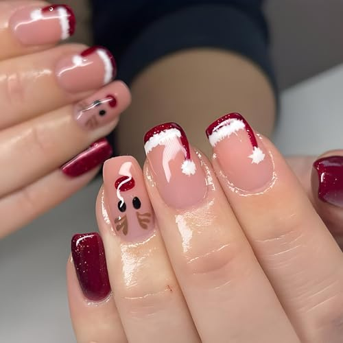 Colorful fruit 24 Stück Weihnachts-Kunstnägel rot kurz quadratisch Kunstnägel Weihnachten Schneeflocke Hirsch Damen Aufklebenägel (Rot, B)