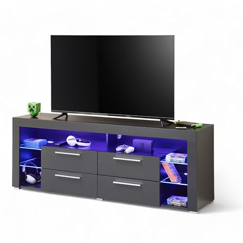 Goal TV-Lowboard mit RGB-Beleuchtung, Carbon-Optik - 179 x 67 x 44 cm | TV-Schrank mit offenen Fächern, Schubladen, silbernen Griffen, schwarzem Korpus, für das Wohnzimmer, beleuchtet