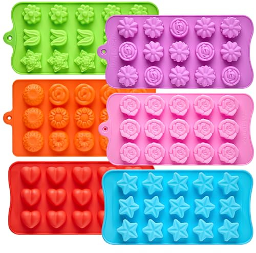 6 Pcs Flower Silicone Chocolate Molds Set, 15-Cavity Rose Heart Star Candy Mold Different Shapes Silicone Molds for Chocolate, Candy, Ice Cube, Butter, Jello