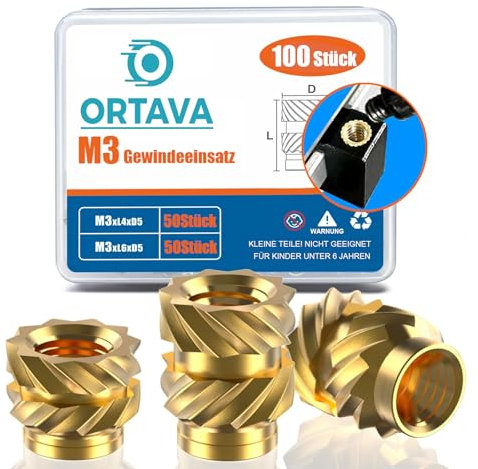 ORTAVA M3 Gewindeeinsatz, 100 Stück Einpressmuttern (M3x4x5mm+M3x6x5mm) für Kunststoffteile, Messing Einschmelzgewinde, Threaded inserts für Durch Wärme Einschmelzen in 3D-Druck-Teile