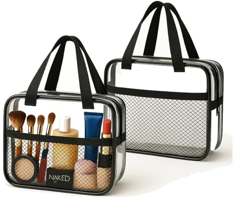 XEWEA 2PCS Middle TSA Approved Clear Travel Toiletry Bags for Men Women, Transparent Makeup Cosmetic Bag with Handle Zipper, Waterproof PVC Quart Organizer Pouch for Airport Airline Essential, Balck