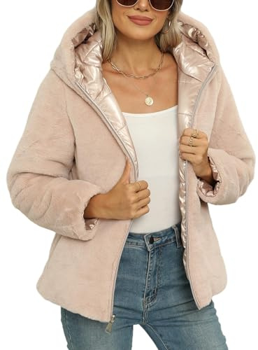 Giolshon Piumino da donna con fodera in sherpa, giacca corta invernale con cappuccio e zip corta B-07 Rosa L