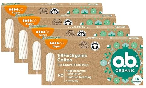 o.b. Organic Super - Tampones orgánicos para días medianos y fuertes hechos de 100% algodón orgánico para protección natural (4 x 16 unidades)