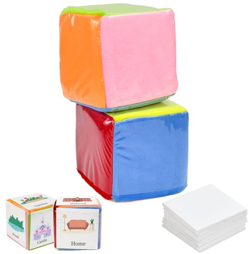 Zuxbolf 2 Dadi educativi in Gommapiuma da 10cm,Cubi con Tasche da Infilare,Dadi con Tasche da Taschino,Cubi di Apprendimento in Morbida Schiuma per Asilo, Scuola Materna, Scuola, Cubo di Stoffa