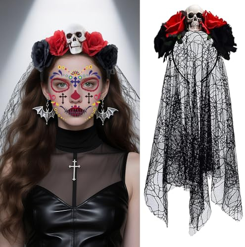 ZDQC Tag der Toten Haarschmuck,Halloween Tag der Toten Haarreif und Schleier,Karneval Haarreif und Schleier Gesichtstattoo,Dia de los Muertos Gesicht Tatto,Halloween Kostüm Damen