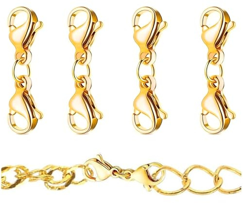 4 PCS Gold Double Lobster Connector Extenders – Stainless Steel Jewellery Fastening Accessories – Adjustable Necklace Lengthener for Bracelets and Chains – DIY Making Parts for Women and Girls