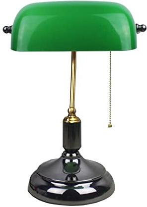 Lámpara de Escritorio Vintage banquero Verde con Interruptor de Tirador, Pantalla de Vidrio Ajustable y Base Negra, lámpara clásica E27 para mesita de Noche.