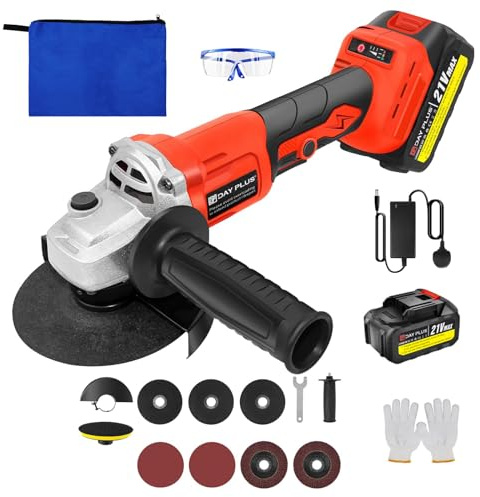 Cordless Angle Grinder with 1300mAh Battery and Charger, 3-Speed Grinder for Cutting, Grinding, Polishing Metal, Wood, Tile, Includes Discs,Saw Blade, Gloves, Goggles, 21V
