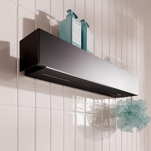 Badregal 50cm Schwarz - Modernes Wandregal für Badezimmer | Duschregal Wand Metall Pulverbeschichtet | Designer Regal Badezimmer | Montage Ohne Bohren oder mit Schrauben | Belastbar bis 12 kg