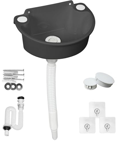 Tvättställ av plast, campingtvättställ, utlopp, handtvättställ, enkelt plastdiskho med slang och dräneringsplugg för trädgård, garage, källare, husbil, byggplatser (svart)