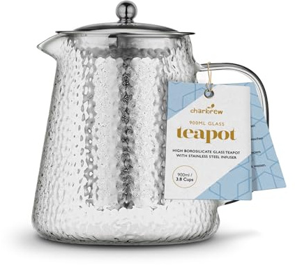 Charbrew 900ml Glass Teapot with Infuser - Silver Hammered Design | Borosilicate Glass, Loose Leaf Tea, Teabags & Blooming Tea, Serves 4 Cups