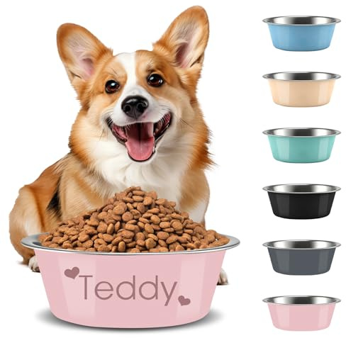 Personalised Dog Bowl, Custom Laser Engraved With Pet Name, Stainless Steel With Non-Slip Pad, Food & Water Dual-Use, Anti-Spill Feeding Dish For All Dog Breeds (Pink, S(18cm))
