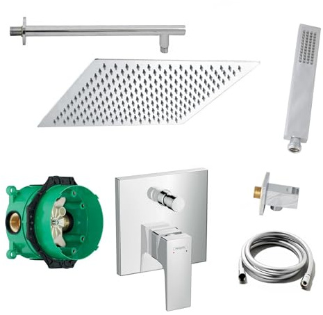 vanvilla Duschsystem Unterputz mit Duscharmatur Hansgrohe poliert HG21 | Duscharmatur von Hansgrohe Metropol Einhebelmischer und vanvilla Regendusche Duschkopf eckig, Dusch-SET poliert