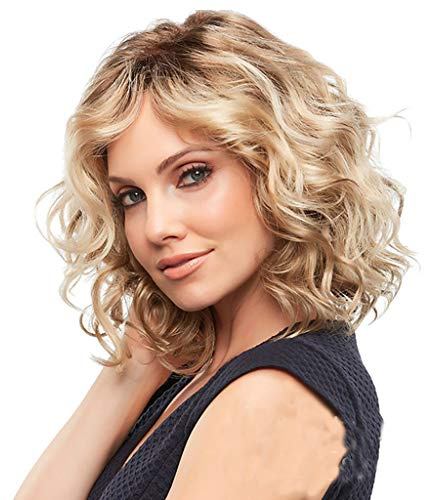 TIREOW Wig Damen Mode Synthetische Gold Kurze Lockige Anti-Warping Haar Perücke Wasserwelle Haar Perücken 30 cm Wavy Gold