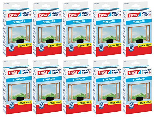 tesa Insect Stop STANDARD Fliegengitter für Fenster - Insektenschutz zuschneidbar - Mückenschutz ohne Bohren - Fliegen Netz anthrazit (1,5m:1,8m (10er Pack), Anthrazit (Durchsichtig))