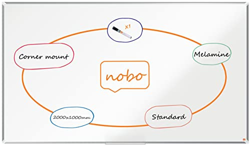 Nobo Melamin Whiteboard, Nichtmagnetische Oberfläche, 100 x 200 cm, Aluminiumrahmen, Traditionelle Eckmontage, Inkl. Whiteboard-Marker, Premium Plus, Weiß, 1915172