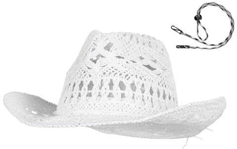 GEMVIE Cowboy Cowgirl Summer Straw Hat Wide Brim Hollow Out Cowboy Beach Sun Hats for Women Ladies