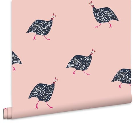 Joules Papier peint pintade rose pâle – À coller sur le mur – Papier peint rose et bleu marine – Design contemporain effronté peint à la main – Caractéristique ou design 4 murs – Parfait pour la