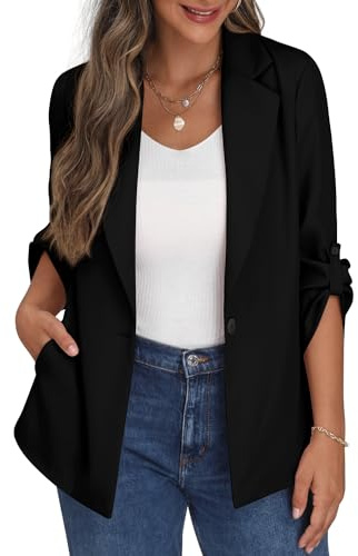 PrinStory - Blazer da donna, giacca con cardigan aperto sul davanti, maniche regolabili con bottoni e tasche, Nero , 46