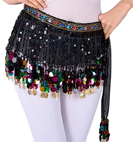 Bauchtanz-Hüfttuch Farbige Frauen Bauchtanz-Kleidungszubehör Quaste Gürtel Bauchtanz-Hüfttuch Pailletten Münzen Gürtel mit Strass (Color : Red, Size : One Size) (Black One Size)