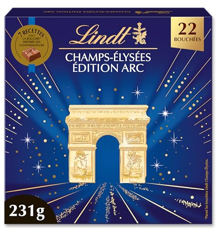 Lindt - Boîte CHAMPS-ÉLYSÉES Édition Arc Assorti - Assortiment de Chocolats au Lait, Noirs et Blancs - Pralinés, Croustillants et Onctueux - Idéal pour Noël, 231g