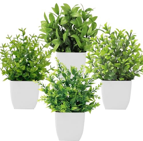 Roqueen 4 Pack Mini Fake Plants Small Potted Artificial Plants Plastic Plants for Home Bathroom Office Table Decoration