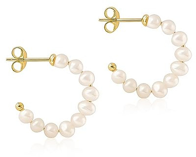 Mary & Jules Perlenohrringe Gold aus recyceltem Silber, Perlen Creolen Silber 925 vergoldet mit Süsswasser Perlen, Ohrringe Damen Gold, Durchmesser 15 mm, für Frauen & Mädchen