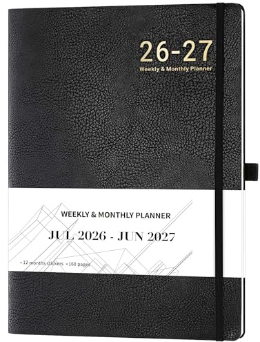 Schülerkalender 2026-2027, A4, Wochenansicht | Terminplaner 2026-2027 von Juli 2026 bis Juni 2027 mit Aufklebern, Ledereinband, dickes Papier, Innentasche, Schwarz