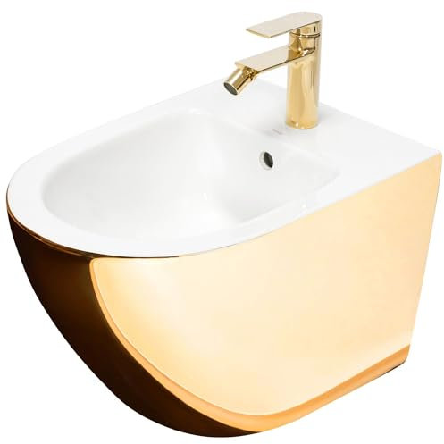 Rea Bidet suspendu Carlo Mini Gold White Bidet Mural en Céramique pour Salle de Bains 49,5 x 37 x 32,5 cm (Or/Blanc)