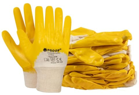 PROOF COMFORT & SAFETY Arbeitshandschuhe Handschuhe 12 Paar Schutzhandschuhe Nitrilbeschichtung Baumwolle Größe 11 Citra Grau Gelb