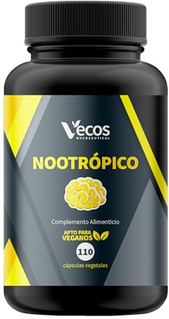 VECOS | Nootrópico Natural | 110 Cápsulas | Incremento Energético, Concentración y Agilidad Mental | Cafeína, Ginko Biloba, Ashwagandha, Tirosina, Teanina Bacopa Monnieri y Vitamina B12 y B6