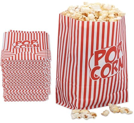 Relaxdays Sacchetti per Popcorn, Set da 48, a Righe, Feste Compleanno Tema Cinema, Box Contenitore Carta, Rosso Bianco