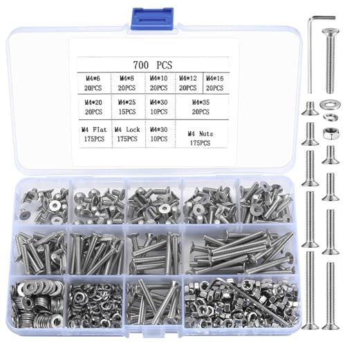 700 Pcs M4 Flat Head Hex Socket Screws, Bolts, Nuts and Washers Set - Hexagon Socket Countersunk Machine Screws Assortment Kit
