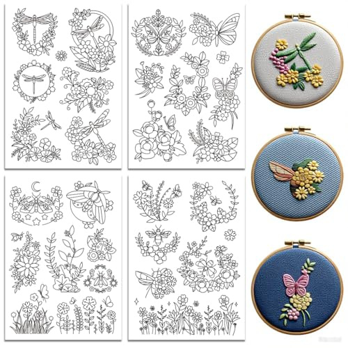 peacoblue Stickvorlagen Wasserlöslich für Anfänger 4 Sheet Blumen und Schmetterlinge with 33pcs Muster, Wash Away Stick and Stitch Auflösbares Stickereipapier für Handnähbegeisterte Frauen Erwachsene
