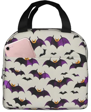 Bolsa de almuerzo con estampado de murciélagos morados voladores de Halloween, lonchera portátil para hombres y mujeres, picnic, trabajo, viajes
