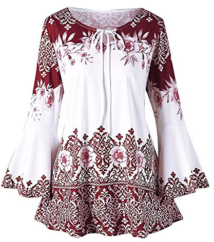 Keepink Ladies Tops Plus Size Vintage Floral Printed Tshirts Keyhole Drawstring Blouse Loose Fit Tunic Tops Summer Elegant Long Flare Sleeve Shirts 70S Boho Outfits S-5XL