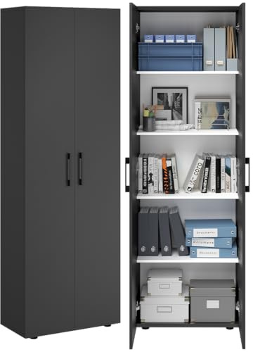 Bellamio Apol Aktenschrank schwarz – Mehrzweckschrank 60 cm breit – Hochschrank aus Holz – Aufbewahrungsschrank Doppeltüren 5 Fächer – Büroschrank, Flurschrank, Allzweckschrank, Schuhschrank