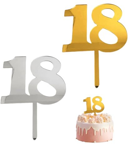 Pack Of 2 Acrylic Cake Inserts, 18Th Birthday Cupcake Decorations, 18Th Birthday Girl Decorations In Silver And Gold, Cake Topper Birthday Gold