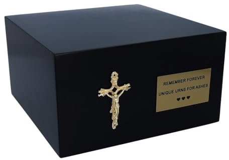 Urna de cremación religiosa conmemorativa, caja de homenaje, urna funeraria, caja de entierro para cenizas, contenedor de cenizas católicas con cruz, urna negra para cenizas (placa conmemorativa/sí)