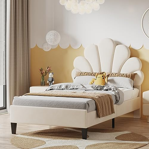 KeepGoon Einzelbett 90x200 cm,Polsterbett mit Kopfteil in Blumenform und Lattenrost, Stabiler Bettrahmen,Kinderbett,Jugendbett,dchenbett in hautfreundlichem Samtstoff,Mädchen Bett