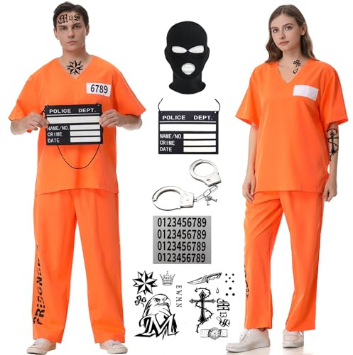 Costume da Carcerato Uomo Donna, Arancione Costumi Prigioniero Adulto, Costume da Detenuto Halloween carnevale Prisoner Vestito, Prisoner Costume Adult